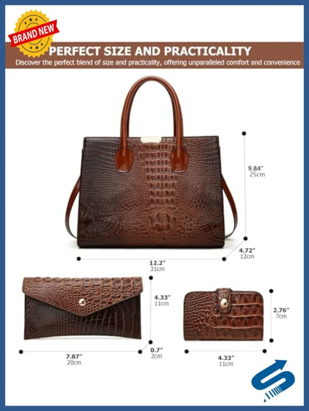 Luxury Crocodile Embossed 3 Pc Tote Handbag Set with Wallet